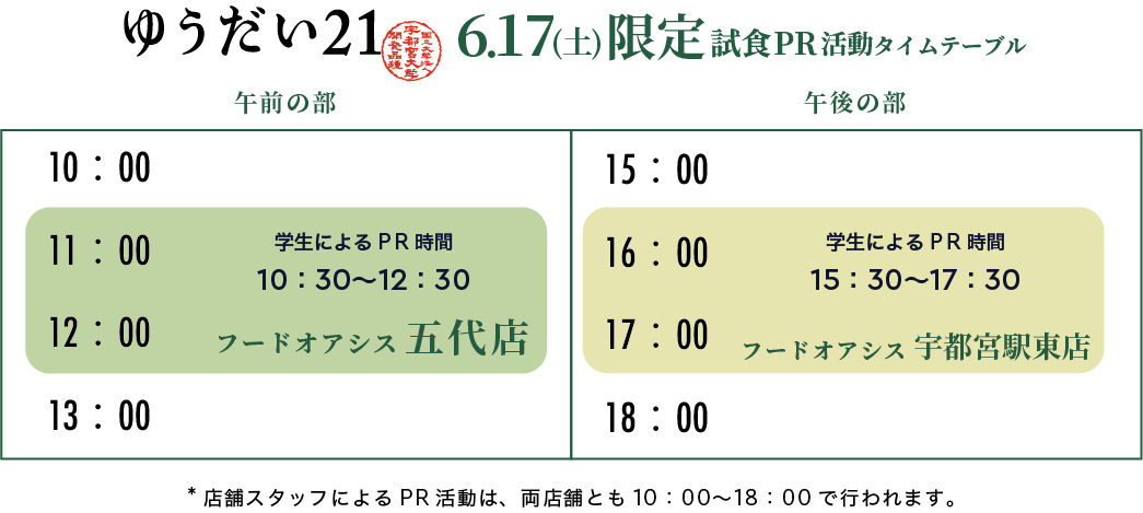 ゆうだい21試食PR活動スケジュール